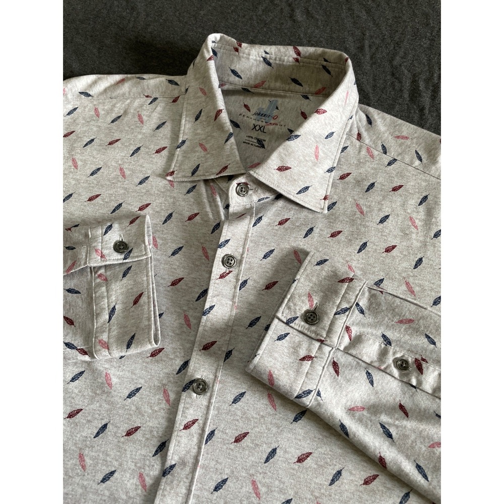 Johnnie-O Featherweight Shirt Mens XXL Gray Feather Print Button Down‎